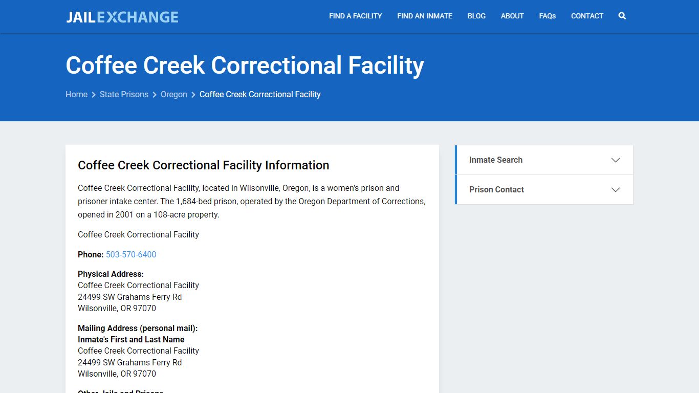 Coffee Creek Correctional Facility Inmate Search, OR - Jail Exchange