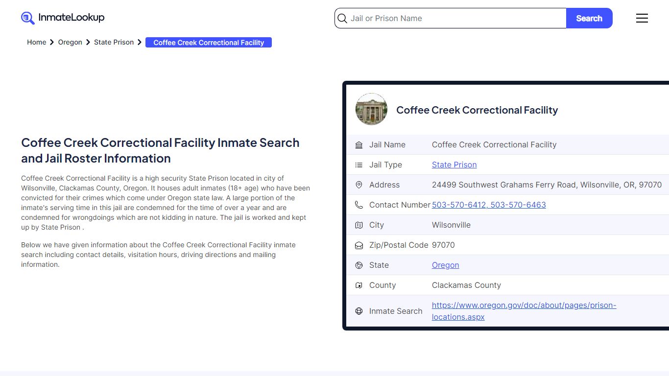 Coffee Creek Correctional Facility Inmate Search and Jail Roster ...